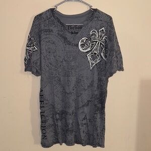 Affliction Gray Graphic Men's Shirt L Y2K V-Neck